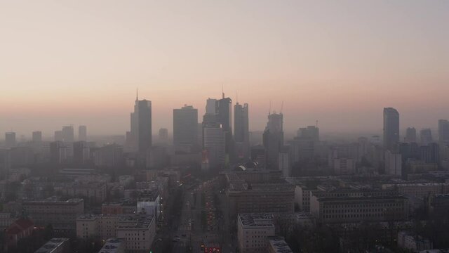 Sunny morning in Warsaw with some fog. Poor air quality.