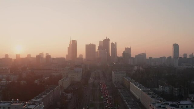 Morning sun on a foggy morning in Warsaw. Drone shoot.