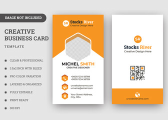 Double Sided Abstract Business Card With Photo Place Area, Vertical Layout Creative Business Card With Vector Illustration.