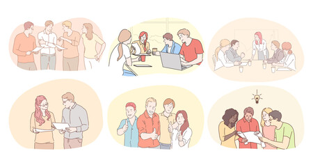 Teamwork, communication, brainstorming in office concept. Business people partners coworkers discussing working projects, having brainstorming, making presentations and feeling success together