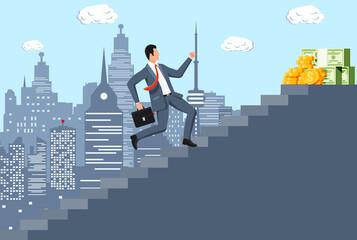 Businessman climbs up ladder to money. Goal setting. Smart goal. Business target. Achievement and success. Concept of success career growth. Achievement and goal. Flat vector illustration
