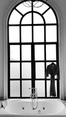Bathrobe hanging on big vintage window in bathroom with white Jacuzzi tub for take a shower in black and white tone. Interior deisgn and Retro style.