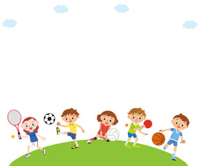 Obraz na płótnie Canvas 丘の上で色々なスポーツをする子供達