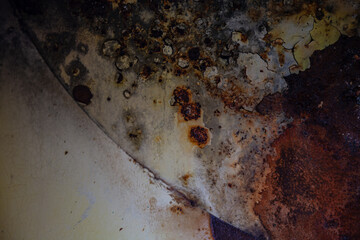 On a rough wall or floor, paint flakes off. Corrosion and rust of metal. Old dilapidated wall.