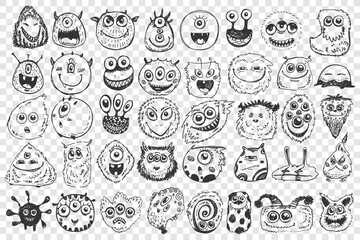 Naklejka premium Monsters doodle set. Collection of hand drawn spooky creatures alliens ugly cyclops beasts mascots angry gremlins isolated on white background. Illustration of comic Halloween symbols.
