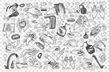 Obraz premium Hygiene doodle set. Hand drawn hands using disinfectant coronavirus antiseptic gel spray antibacterial soap on transparent background. Personal protection equipment medical insurance and healthcare.