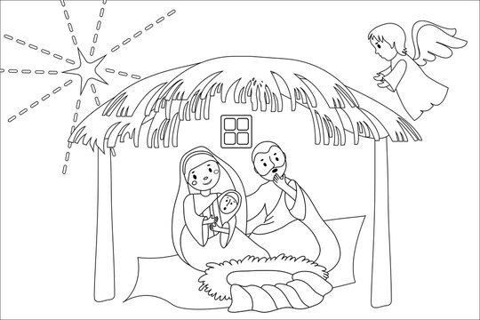 Hand drawn coloring pages for kids and adult. A Christmas nativity scene coloring cartoon