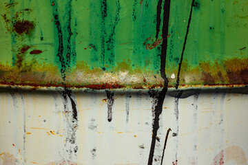On a rough wall or floor, paint flakes off. Corrosion and rust of metal. Old dilapidated wall.