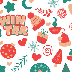Seamless pattern. Red and green elements with Christmas attributes on a white background.