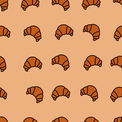 Croissant seamless pattern on brown background for bakery, cafe, loaf store, bread house, coffee shop, food market.  packaging design wrapping paper and background design
