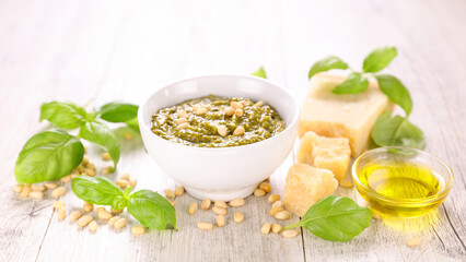 pesto sauce with oil,  basil and pine