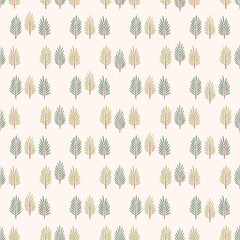 Simple vector seamless pattern. Christmas pattern for fabric, postcard, banner, wrapping paper. Green and yellow spruce branches on a beige background. Rhythmic vector ornament.