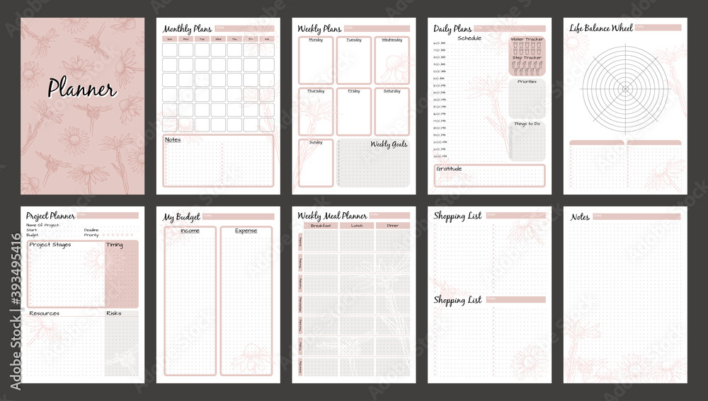 Wall mural vector planner pages templates. daily, weekly, monthly, project, budjet and meal planners. pink nude - Wall murals