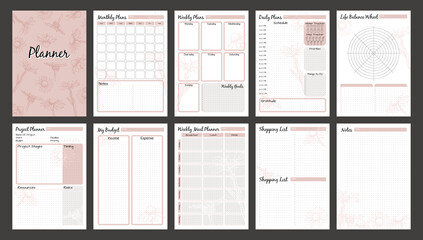 Vector planner pages templates. Daily, weekly, monthly, project, budjet and meal planners. Pink nude floral design. - Powered by Adobe