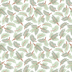 Simple seamless pattern. Christmas pattern for fabric, postcard, banner, wrapping paper. Green spruce branches on a white background. Rhythmic vector ornament. Cute Xmas illustration in flat style.