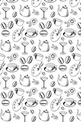 Vector coffee pattern. Background, printing on paper, fabric. Fashionable print for Wallpaper, cards, tablecloths.