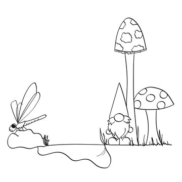 gnome and dragonfly bottom border line art