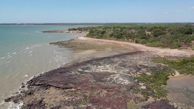 Aerial drone shot of Rocky Beach at East Point Reserve in Darwin, Northern Territory