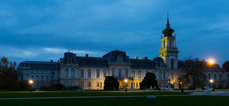 Photo of night illuminations of Festetics Palace in hungarian Keszthely outdoor.