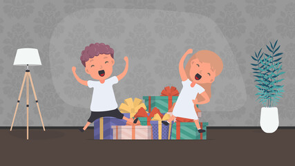 Children rejoice at gifts. Happy children, lots of gifts. Holidays concept. Vector.