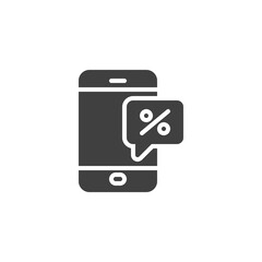 Mobile phone with percentage message vector icon. filled flat sign for mobile concept and web design. Online discount offer glyph icon. Symbol, logo illustration. Vector graphics