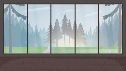 Empty room with a large panoramic window. The forest outside the window. Vector.