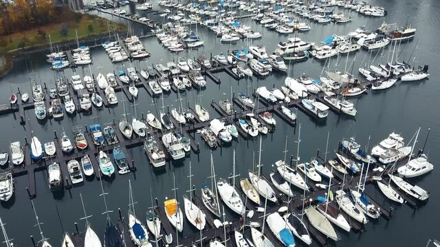 Top down view of yachts and boats in Vancouver marina on a autumn day
