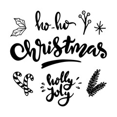 Christmas doodle set. Christmas tree, toys, balls and garland. Vector illustration isolated on white background