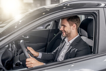 Fototapeta na wymiar Smiling young male sitting in car, holding steering wheel