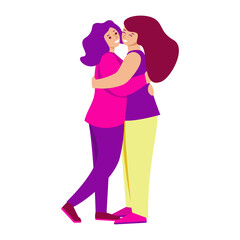 Fototapeta na wymiar Two girls are hugging. Vector illustration in flat style. Isolated on white.