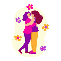 Two girls are hugging. Vector illustration in flat style.