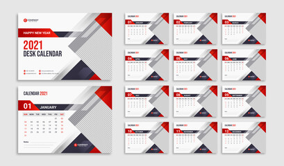 Modern corporate 2021 desk calendar design in red & blue for new year. Office calendar with abstract geometric background. Creative business graphic template. 12 months calendar with company logo. 