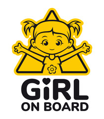 Vector symbol. Yellow triangle with the inscription: Girl on board. Picture of a little girl with ponytails. Isolated on white background.