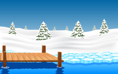 landscape of wooden bridge on the glacier at the geographic pole