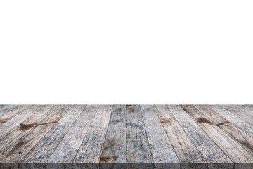 Empty wooden table top isolated on white background for product display montage