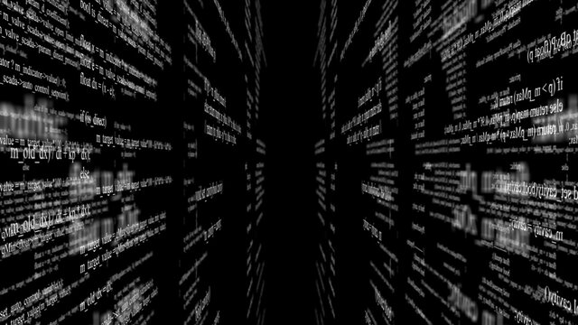 Abstract digital program code in blocks on a black background