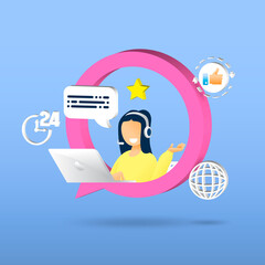 Customer service, Woman with headphones and microphone with laptop