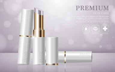 Hydrating facial lipstick for annual sale or festival sale. white and gold lipstick mask bottle isolated on glitter particles background. Graceful cosmetic ads, illustration EPS10.