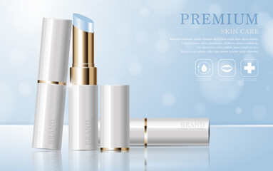 Hydrating facial lipstick for annual sale or festival sale. white and gold lipstick mask bottle isolated on glitter particles background. Graceful cosmetic ads, illustration EPS10.
