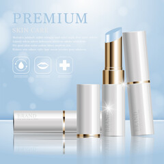 Hydrating facial lipstick for annual sale or festival sale. white and gold lipstick mask bottle isolated on glitter particles background. Graceful cosmetic ads, illustration EPS10.