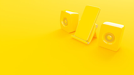 Yelllow smartphone and yellow speaker on Phone stand. Mock-Up for your text. Minimal idea concept, 3d render.