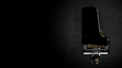 Pianist playing grand black piano on stage with spot light, view from top 3d rendering