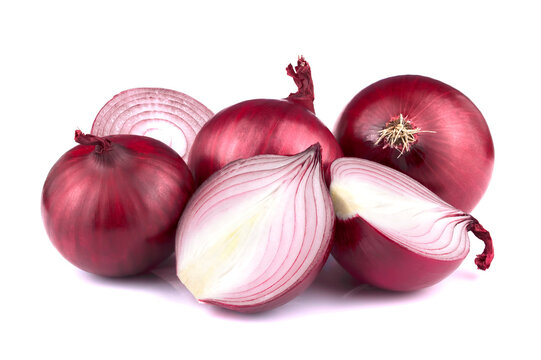 Red onion with sliceds isolated on white background.