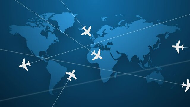 Airliners are flying around the world again. Travel, business and industry concept. World map with air routes. People and goods are transported worldwide. Motion background infinite loop.