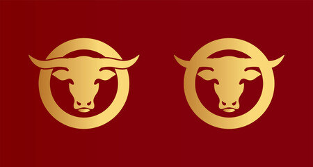 Set of color illustrations gold bull head, gold circle on a red background. Vector illustration for logo, emblem, sticker, poster. Symbols of the eastern calendar. Chinese New Year.