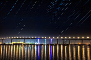 San Diego-Coronado Bay Bridge at night during a testing of multicolor lights.