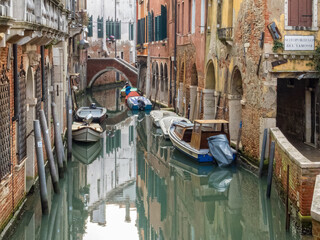 Fototapeta na wymiar Boats on Rio delle Beccarie - Venice, Veneto, Italy