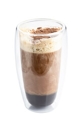 layered milkshake with chocolate, coffee, whipped cream in a glass isolated on white background. Drinks menu concept