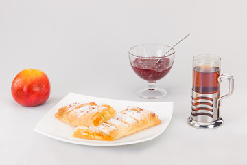 delicious pie with apples, good tea and jam