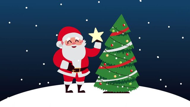 happy merry christmas animation with santa claus with star and tree
